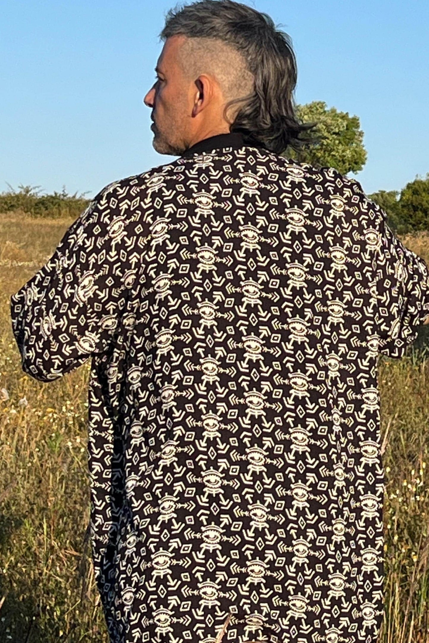 Men’s Black and White Kimono Jacket, Geometric Boho Festival Cover-Up