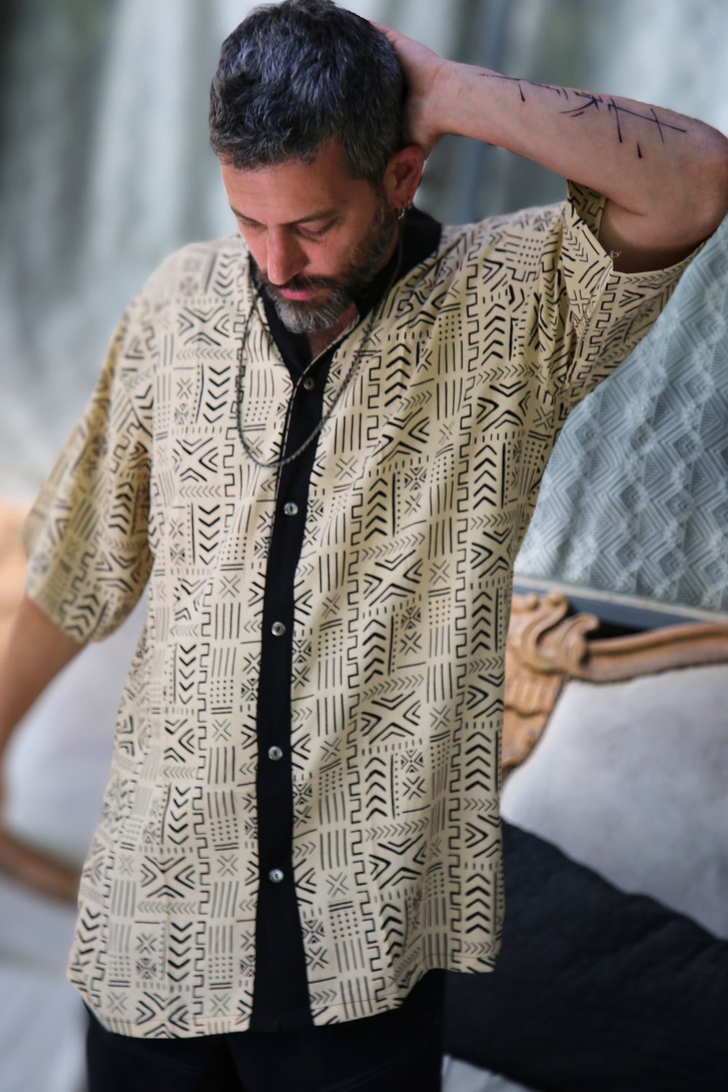 Boho Geometric Print Shirt, Lightweight Modal Button-Down