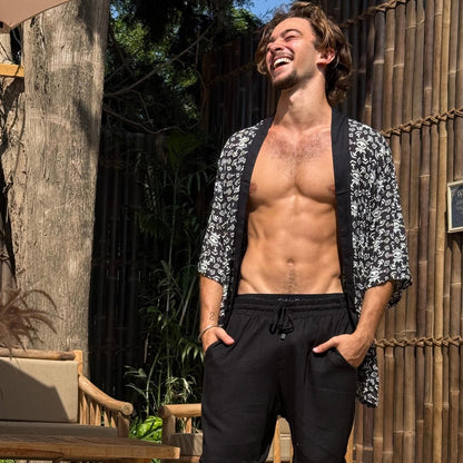 Men’s Black and White Kimono Jacket, Geometric Boho Festival Cover-Up