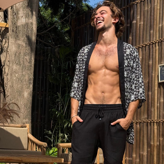 Men’s Black and White Kimono Jacket, Geometric Boho Festival Cover-Up