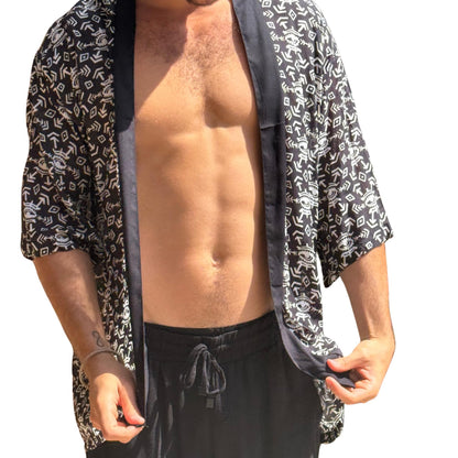 Men’s Black and White Kimono Jacket, Geometric Boho Festival Cover-Up