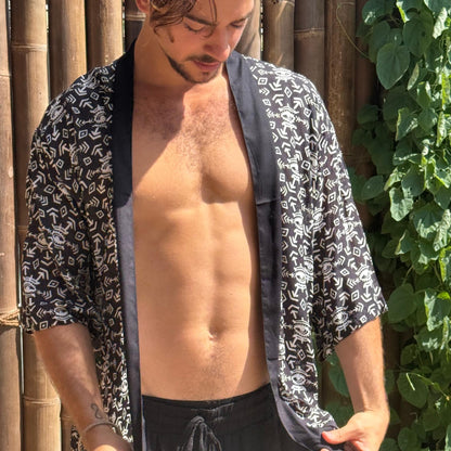 Men’s Black and White Kimono Jacket, Geometric Boho Festival Cover-Up