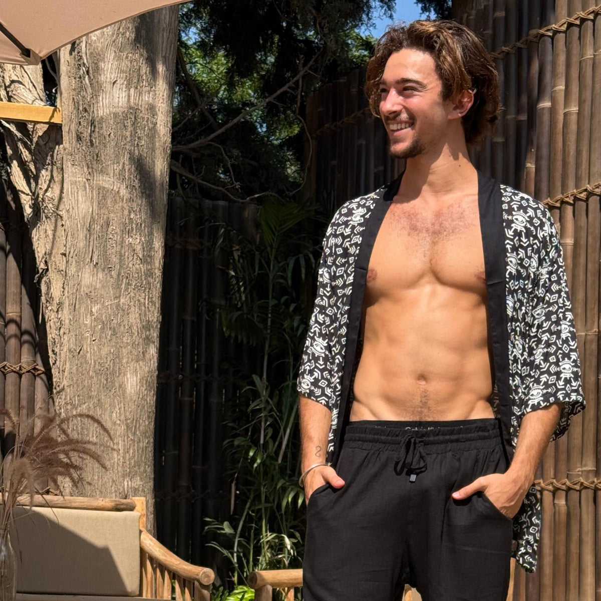 Men’s Black and White Kimono Jacket, Geometric Boho Festival Cover-Up