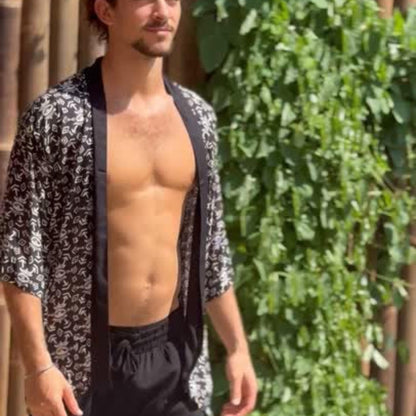 Men’s Black and White Kimono Jacket, Geometric Boho Festival Cover-Up