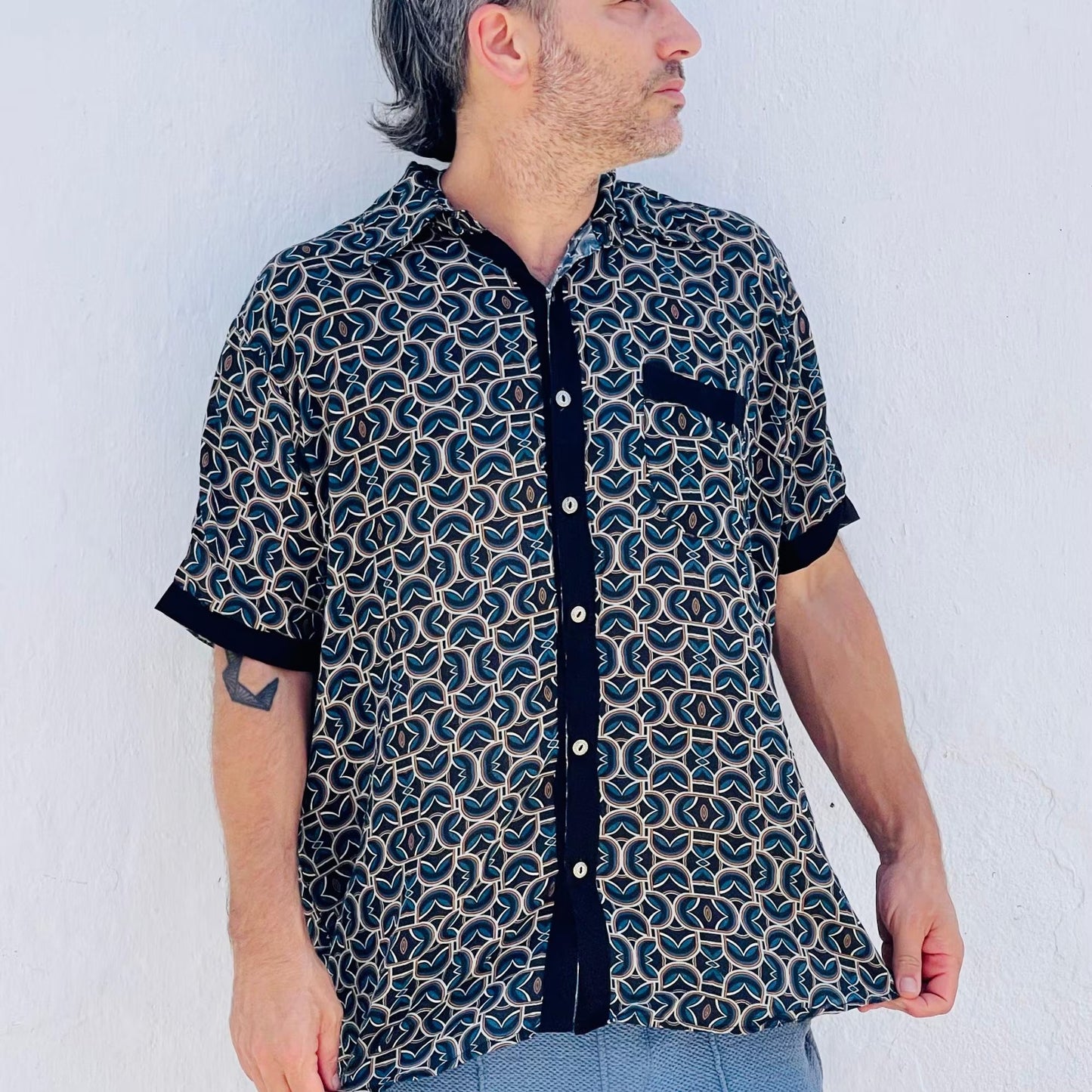 Men’s Modal Button-Up Shirt, Geometric Streetwear Top