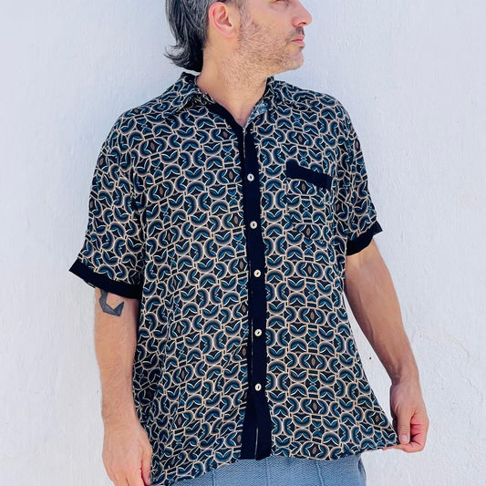 Men’s Modal Button-Up Shirt, Geometric Streetwear Top