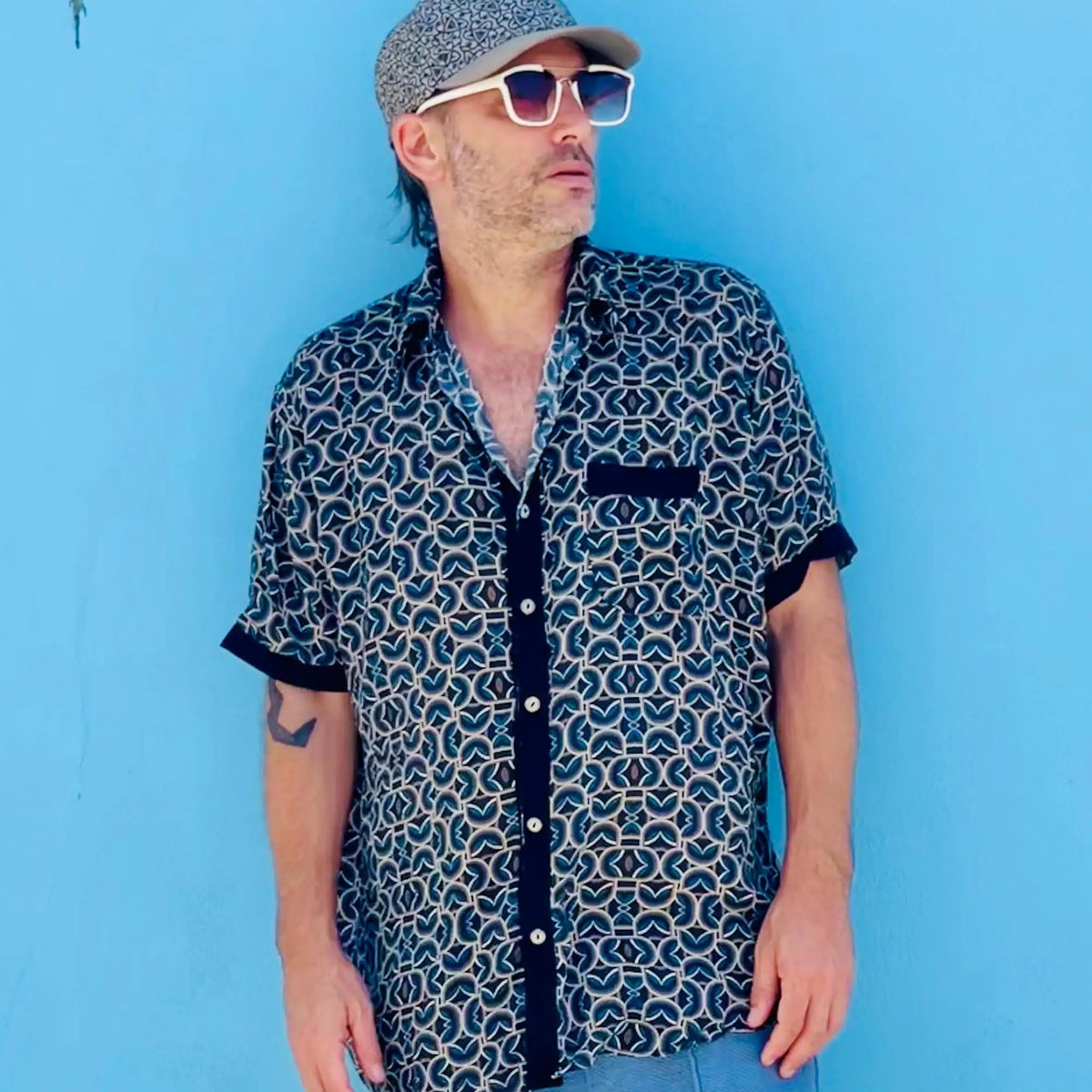 Men’s Modal Button-Up Shirt, Geometric Streetwear Top