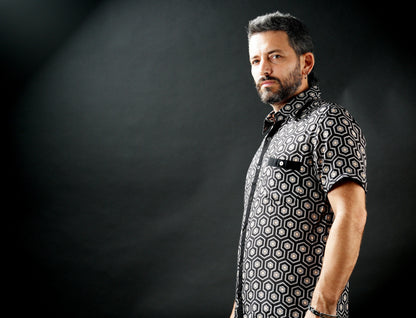 Men’s Geometric Print Viscose Shirt, Button-Up Festival Shirt