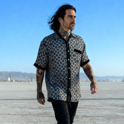 Men’s Modal Button-Up Shirt, Geometric Streetwear Top