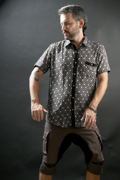 Men’s Geometric Print Viscose Shirt, Button-Up Festival Shirt