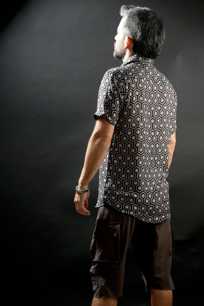 Men’s Geometric Print Viscose Shirt, Button-Up Festival Shirt