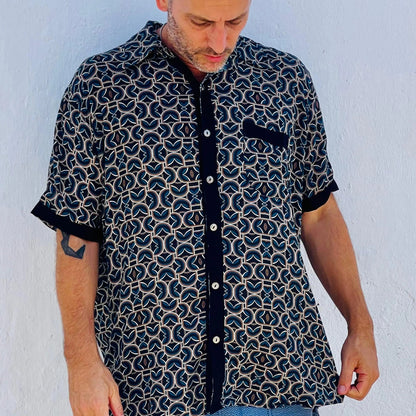 Men’s Modal Button-Up Shirt, Geometric Streetwear Top