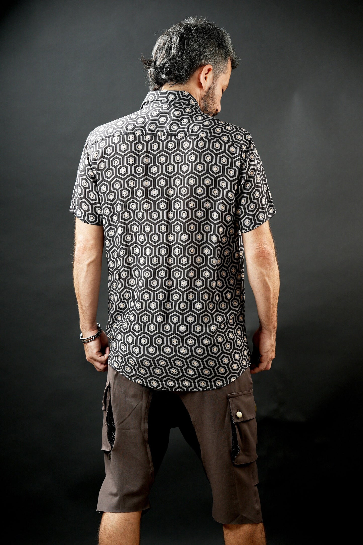 Men’s Geometric Print Viscose Shirt, Button-Up Festival Shirt