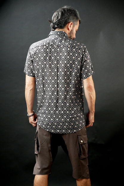 Men’s Geometric Print Viscose Shirt, Button-Up Festival Shirt