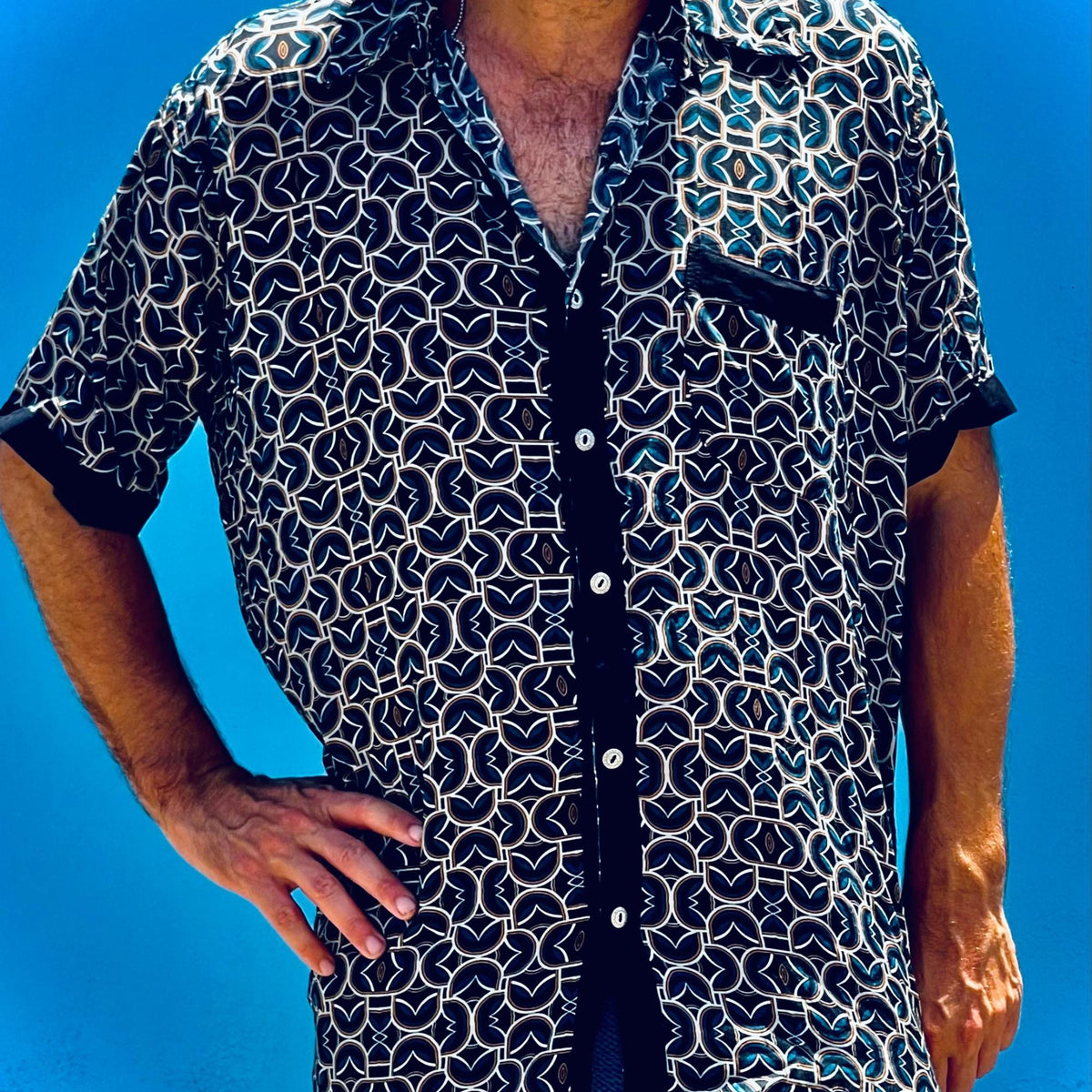 Men’s Modal Button-Up Shirt, Geometric Streetwear Top