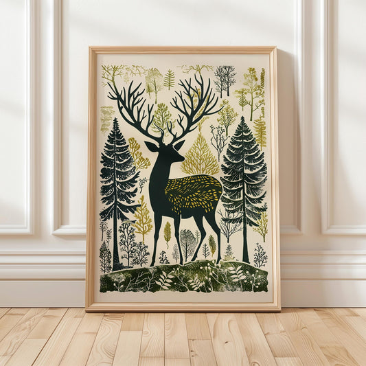 Woodland Stag Wall Art, Nordic Forest Canvas Print
