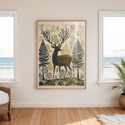 Woodland Stag Wall Art, Nordic Forest Canvas Print
