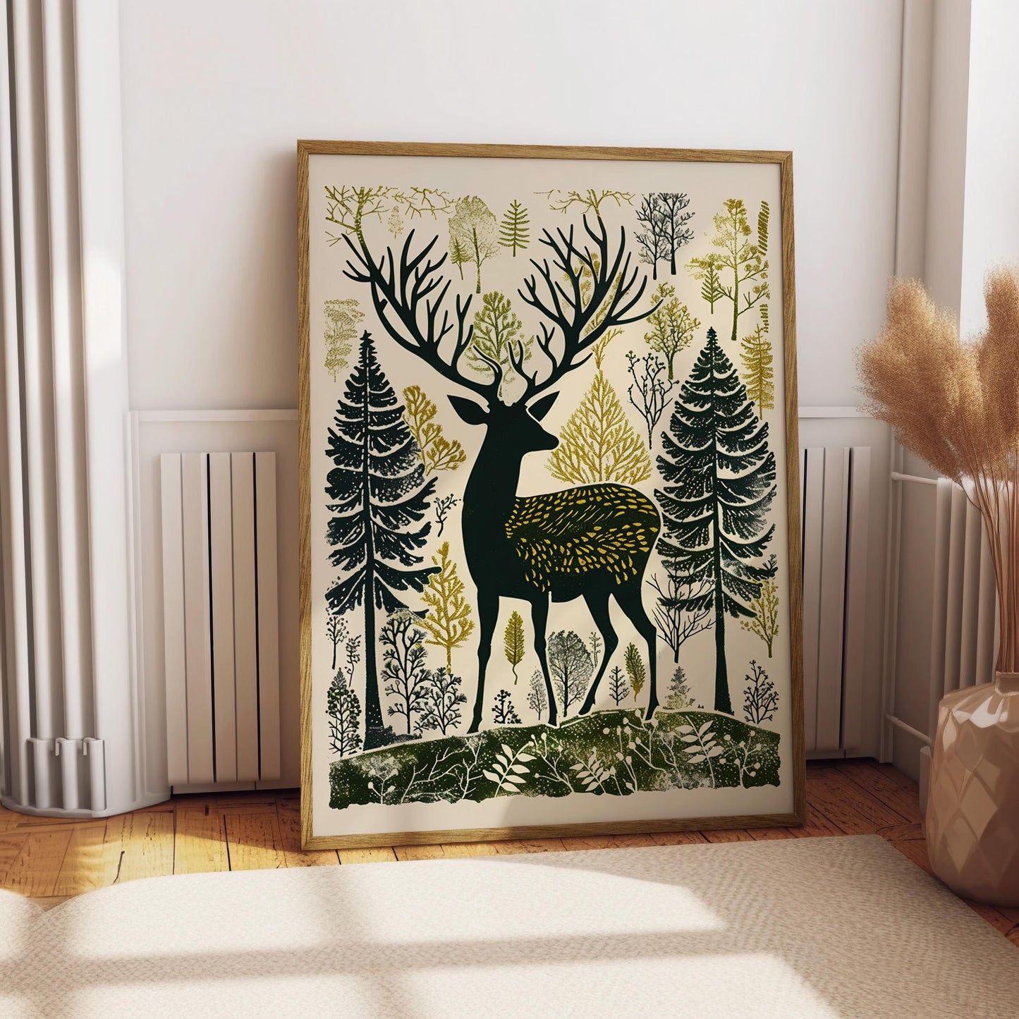 Woodland Stag Wall Art, Nordic Forest Canvas Print