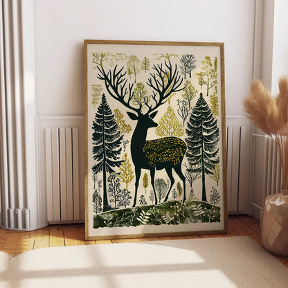 Woodland Stag Wall Art, Nordic Forest Canvas Print