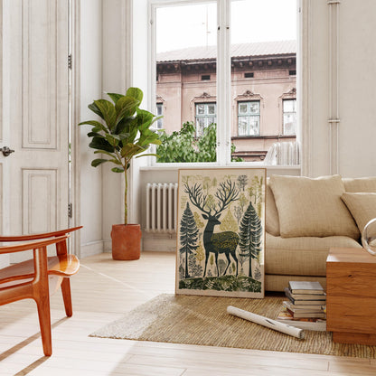 Woodland Stag Wall Art, Nordic Forest Canvas Print