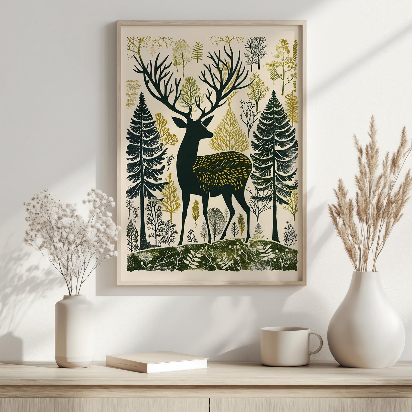 Woodland Stag Wall Art, Nordic Forest Canvas Print