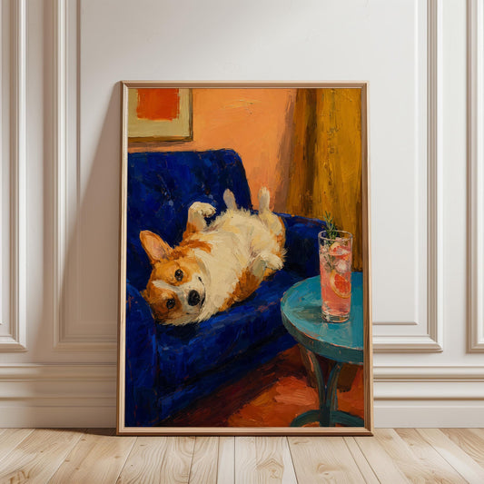 Funny Corgi Wall Art Print, Colorful Blue Dog Canvas Decor